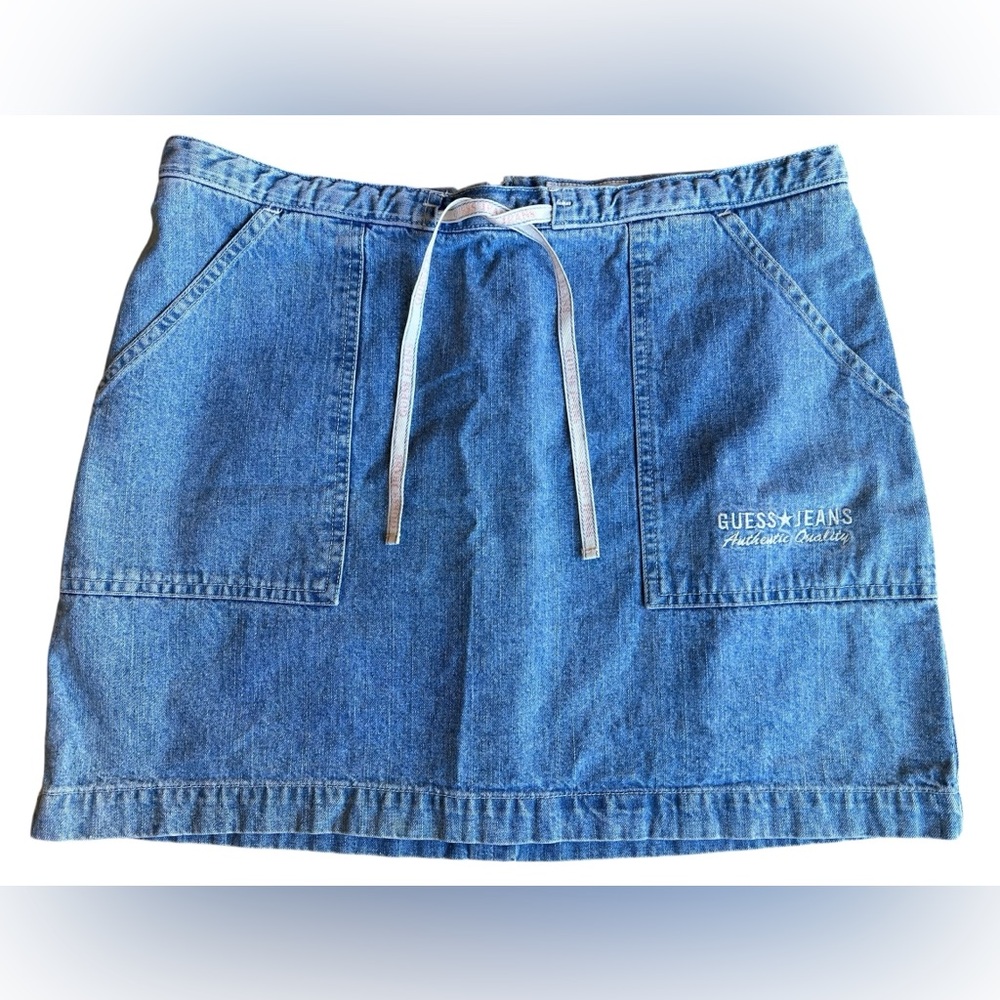 VTG GUESS Y2K 90s Denim‎ Mini Skirt Embroidered Logo Made in Mexico Sz M Retro